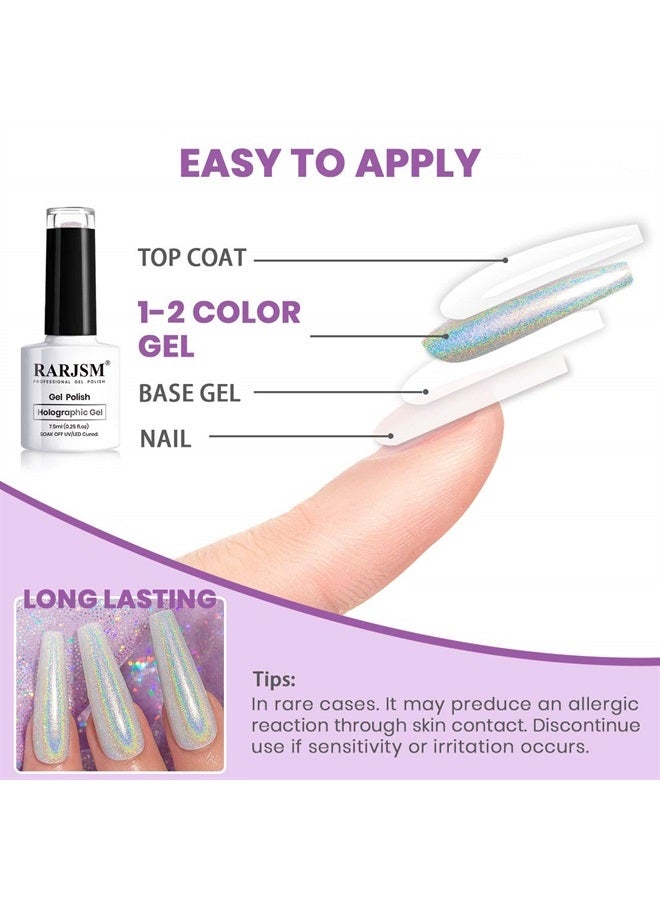 RARJSM Holographic Nail Polish Set, Spring Summer Color Gel Nail Polish Silver Gold Violet Purple Olive Green Blue Rose Gold Gel Polish 6PCS 7.5ML Curing Required Nail Art Manicure Salon