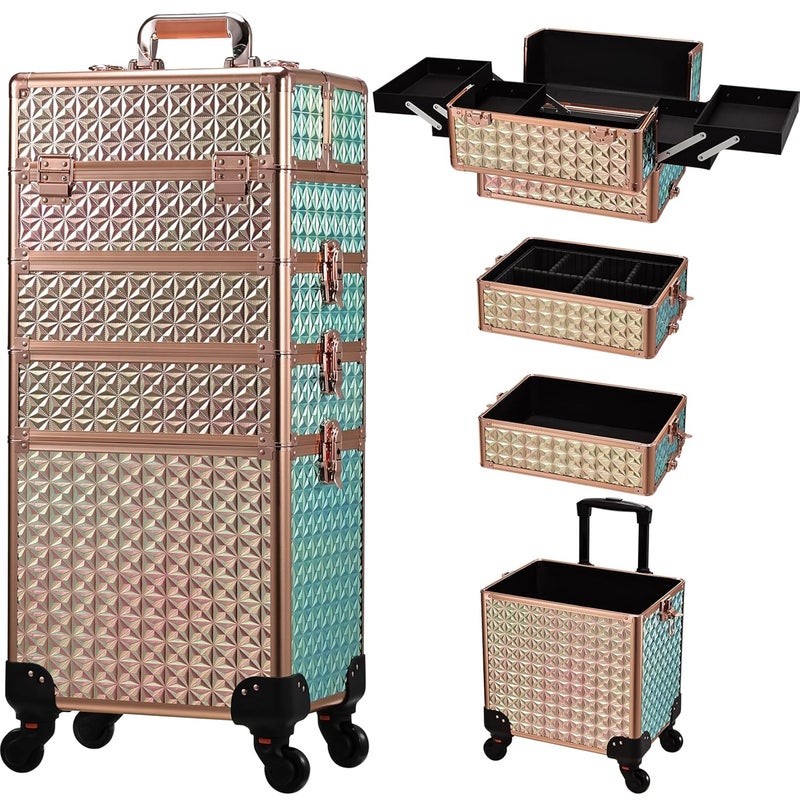 Stagiant Stagiant Rolling Makeup Train Case Large Storage Cosmetic Trolley 4 in 1 Large Capacity Trolley Makeup Travel Case with Key Swivel Wheels Salon Barber Case Traveling Cart Trunk Shiny Rose Gold 