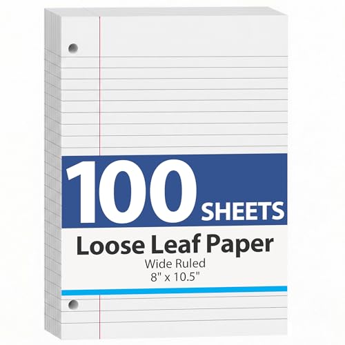 HIBOX 100 Sheets Loose Leaf Paper, 8 x 10-1/2 Inch, 3 Hole Punched Wide Ruled White Filler Notebook Paper for 3 Ring Binders, Ideal for School Notes, Organizing Classwork, School Supplies - Image 1