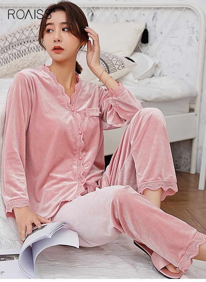 رويس بيجامات نسائية خريفية شتوية ملابس نوم بأكمام طويلة وبنطلون طويل ورقبة على شكل حرف V طقم بيجامات بأزرار ملابس نوم غير رسمية بدلة بيجامات ملابس منزلية فضفاضة طقم نوم مزين بالدانتيل - Image 1