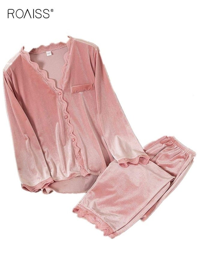 رويس بيجامات نسائية خريفية شتوية ملابس نوم بأكمام طويلة وبنطلون طويل ورقبة على شكل حرف V طقم بيجامات بأزرار ملابس نوم غير رسمية بدلة بيجامات ملابس منزلية فضفاضة طقم نوم مزين بالدانتيل - Image 2