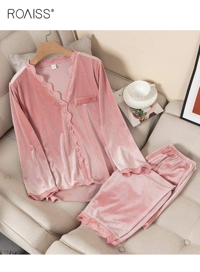 رويس بيجامات نسائية خريفية شتوية ملابس نوم بأكمام طويلة وبنطلون طويل ورقبة على شكل حرف V طقم بيجامات بأزرار ملابس نوم غير رسمية بدلة بيجامات ملابس منزلية فضفاضة طقم نوم مزين بالدانتيل - Image 3