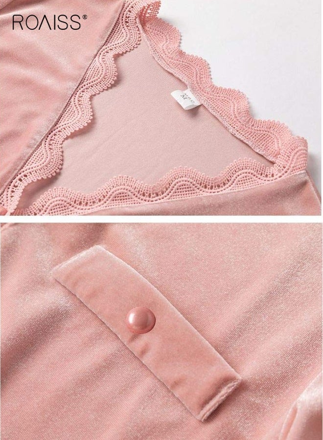 رويس بيجامات نسائية خريفية شتوية ملابس نوم بأكمام طويلة وبنطلون طويل ورقبة على شكل حرف V طقم بيجامات بأزرار ملابس نوم غير رسمية بدلة بيجامات ملابس منزلية فضفاضة طقم نوم مزين بالدانتيل - Image 4