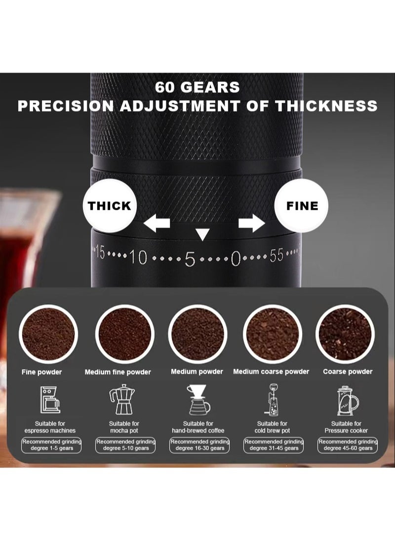 High Quality Portable Manual Coffee Grinder 7 Star Stainless Core with 60 Levels of Grinding Fineness External Adjustment from Espresso to Pour-Over Coffee Walnut knot Beaded Handle 45g Capacity Black