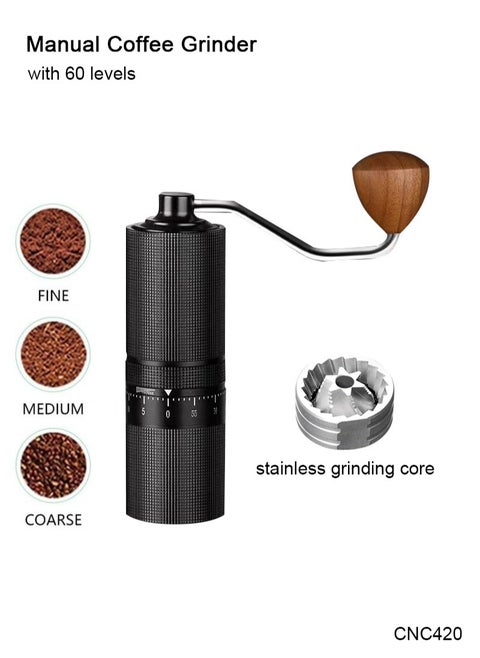 High Quality Portable Manual Coffee Grinder 7 Star Stainless Core with 60 Levels of Grinding Fineness External Adjustment from Espresso to Pour-Over Coffee Walnut knot Beaded Handle 45g Capacity Black
