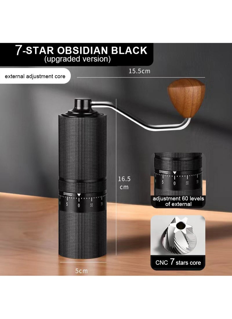 High Quality Portable Manual Coffee Grinder 7 Star Stainless Core with 60 Levels of Grinding Fineness External Adjustment from Espresso to Pour-Over Coffee Walnut knot Beaded Handle 45g Capacity Black