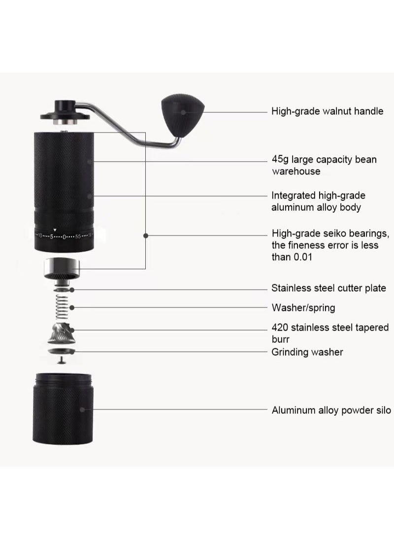 High Quality Portable Manual Coffee Grinder 7 Star Stainless Core with 60 Levels of Grinding Fineness External Adjustment from Espresso to Pour-Over Coffee Walnut knot Beaded Handle 45g Capacity Black