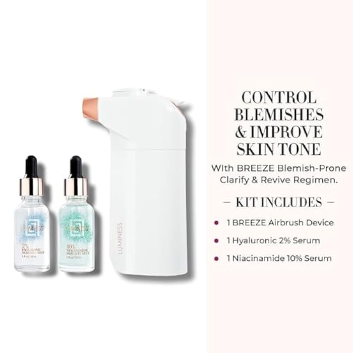 LUMINESS Blemish Prone Airbrush Skincare, Clarify & Revive - Includes Breeze Airbrush Device, Hyaluronic 2%, & Niacinamide 10% Facial Serums - Restore Skins Moisture and Targets Blemishes & Pores - Image 2