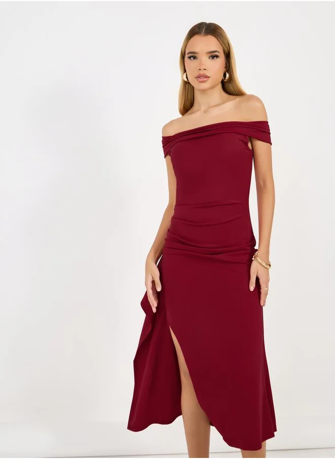 Styli Pleated Side Slit Off Shoulder Bodycon Midi Dress