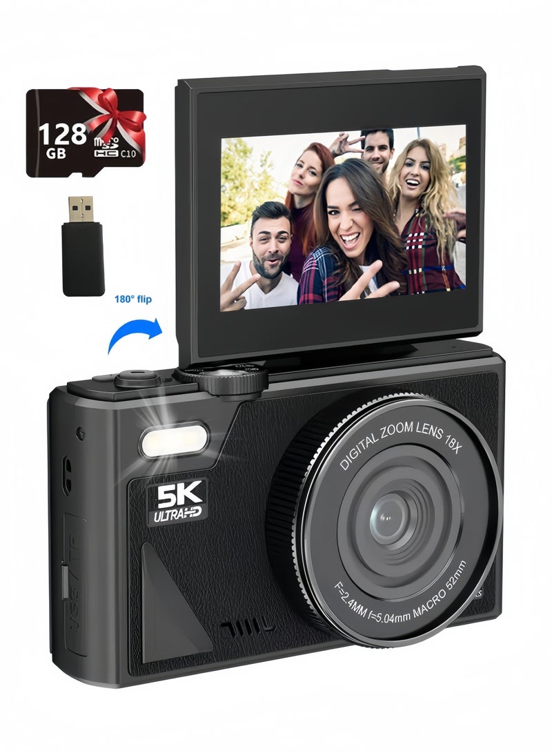 SahlTech Digital Camera, 5K Ultra HD with 128GB TF Card Included | 75MP High-Resolution for Photography & Vlogging | 3-inch 180° Flip Screen & 18X Zoom | Point and Shoot Camera for Kids, Teens & Young Adults - Image 1
