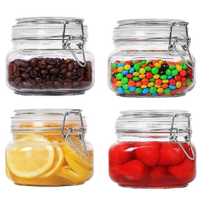 AIRTIGHT SQUARE GLASS CANISTER KITCHEN STORAGE JAR CONTAINER WITH CLIP LOCK FOR STORING HONEY, PICKLE, COFFEE BEANS (500 ML, PACK OF 4)