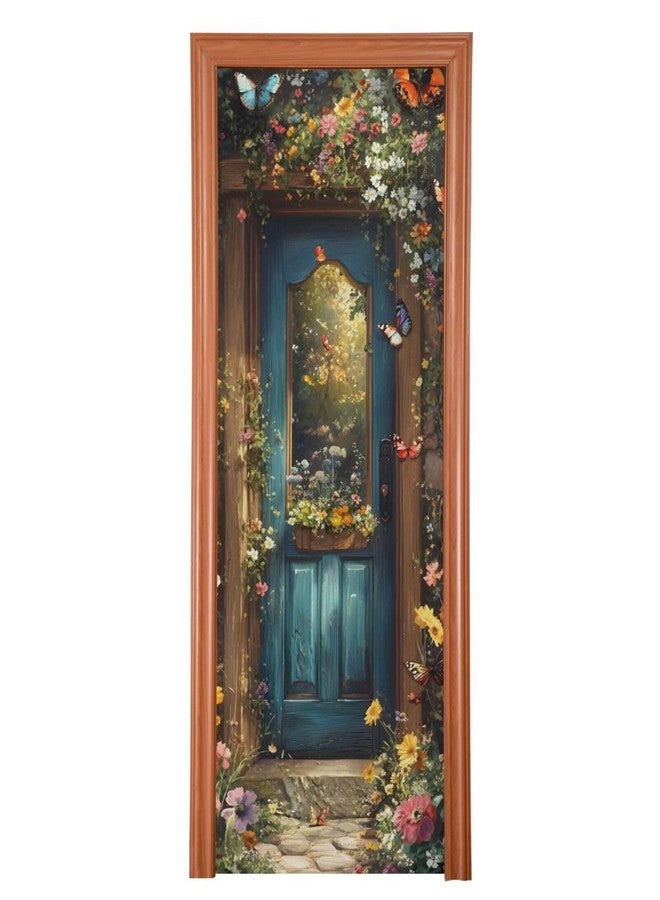Burbuja Spring Flower Wood Door Cover, Stretch Fabric Backdrop Door Porch Covers for Home Party Holidays Decoration, 35x79 in - Image 1