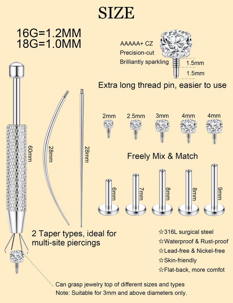 LORACOXS 16G/18G Flat Back Earrings for Women Men - Tragus Helix Conch Rook Ear Cartilage Piercing Jewelry, Hypoallergenic Internal Thread Studs, Ideal for Medusa Monroe Ashley Labret Snake Bite Lip Piercing - Image 4