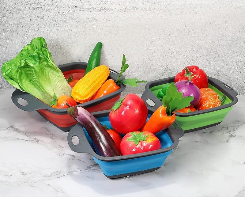 Baskety Colander Collapsible Colander Strainer Over The Sink Vegetable Fruit Colanders Strainers Folding Strainer for Kitchen Pack of 2SqaureBigSmall Blue - Image 4
