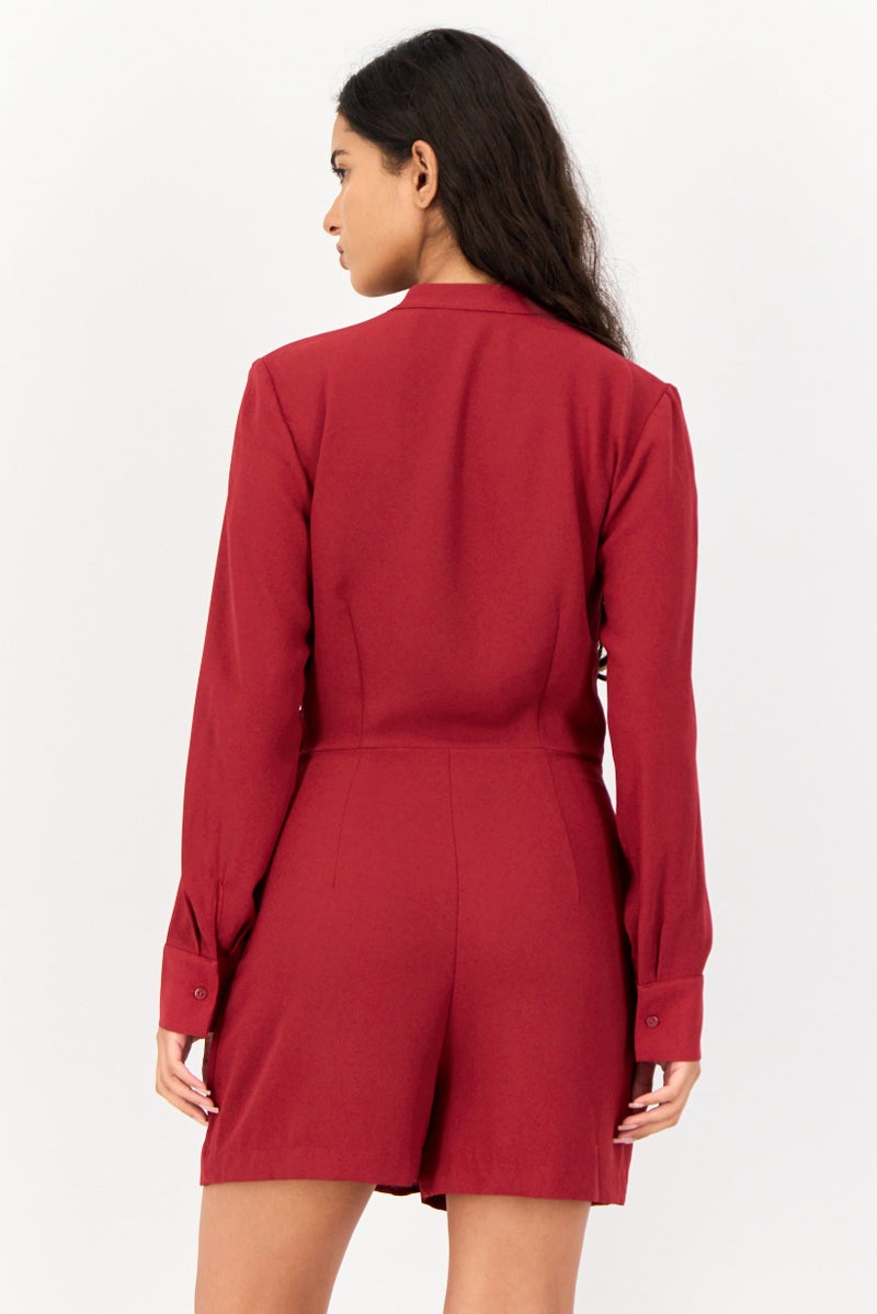 KOTON Women Solid Long Sleeves Playsuit, Red - Image 3