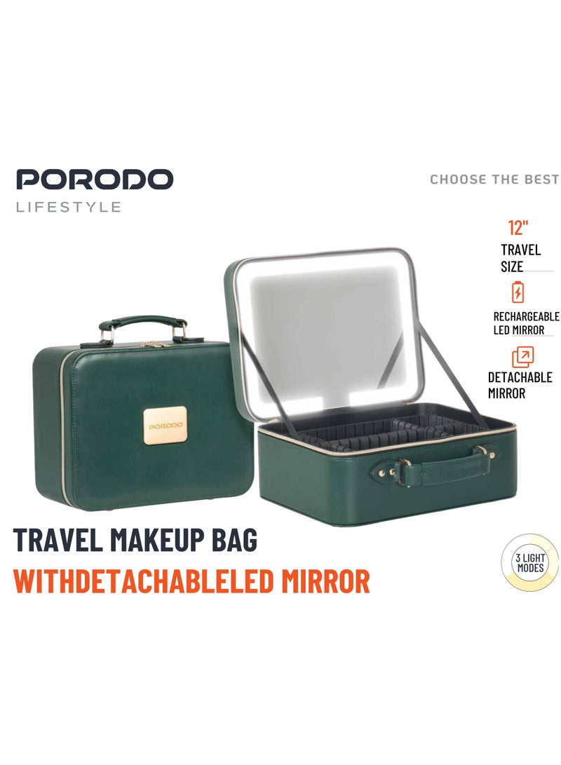 porodo Travel Makeup Bag with Detachable LED Mirror / Rechargeable/ 12-Inch Mirror with Adjustable Brightness & 3 Light Modes/ USB-C Charging/ Multiple Compartments for Beauty Tools - Green - Image 1