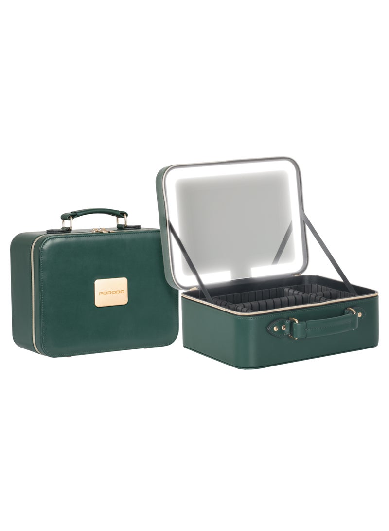 porodo Travel Makeup Bag with Detachable LED Mirror / Rechargeable/ 12-Inch Mirror with Adjustable Brightness & 3 Light Modes/ USB-C Charging/ Multiple Compartments for Beauty Tools - Green - Image 2