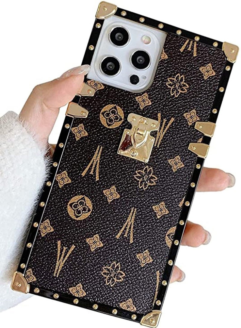Captaintech IPhone 12 Pro Max Leather Case Retro Square Elegant Shiny Design Shockproof Protective Metal Decoration Back Cover Cases Compatible for IPhone 12 Pro Max 6.7 Inch for Women Man (Brown) - Image 1