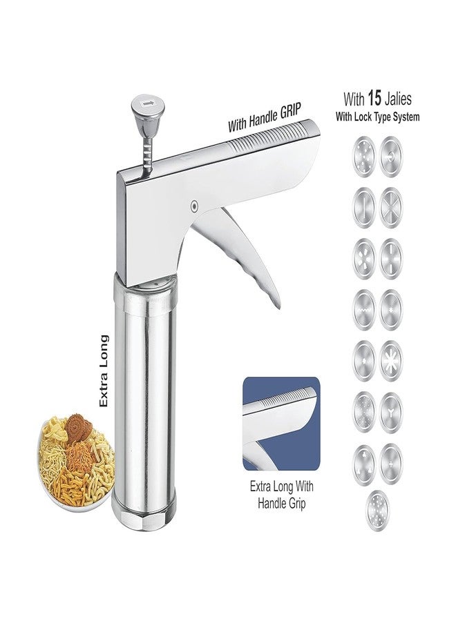 F4FIVE Stainless Steel Kitchen Press with 15 Different Types of Jalies, Murukku Maker Bhujiya Maker Noodles Cookies Namkeen Chakali Maker Sev Maker Farsan Maker Gathiya Maker - Image 4