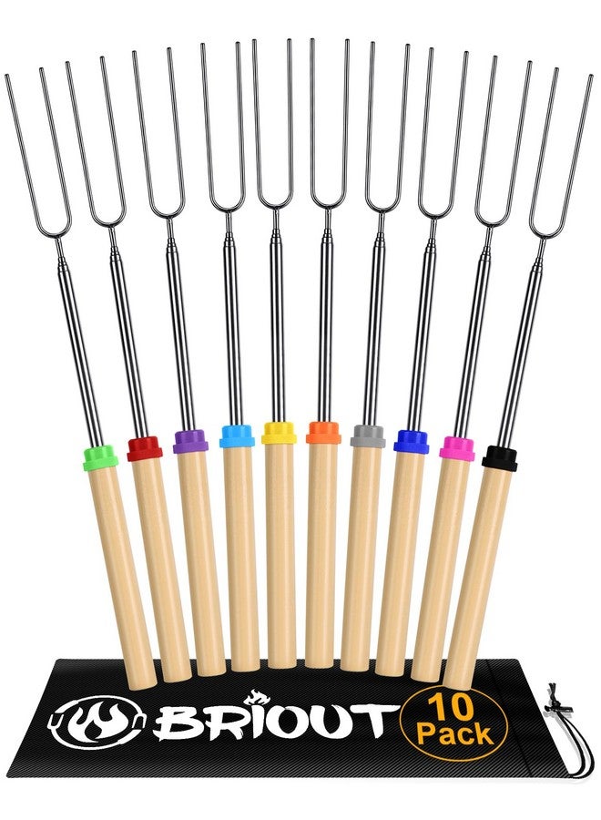 Briout Extendable Stainless Steel Roasting Sticks - Smores Sticks for Fire Pit Long 32 Inch, Smore Skewers Hot Dog Fork Campfire Accessories, Camping Essentials for S'mores - 10 Pack
