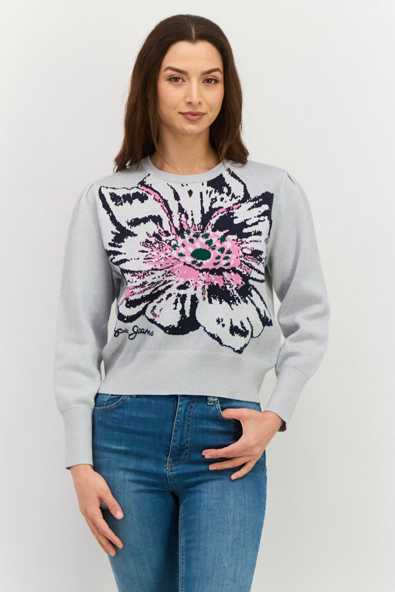 Pepe Jeans سويت شيرت نسائي بأكمام طويلة بتصميم زهور، رمادي - Image 1