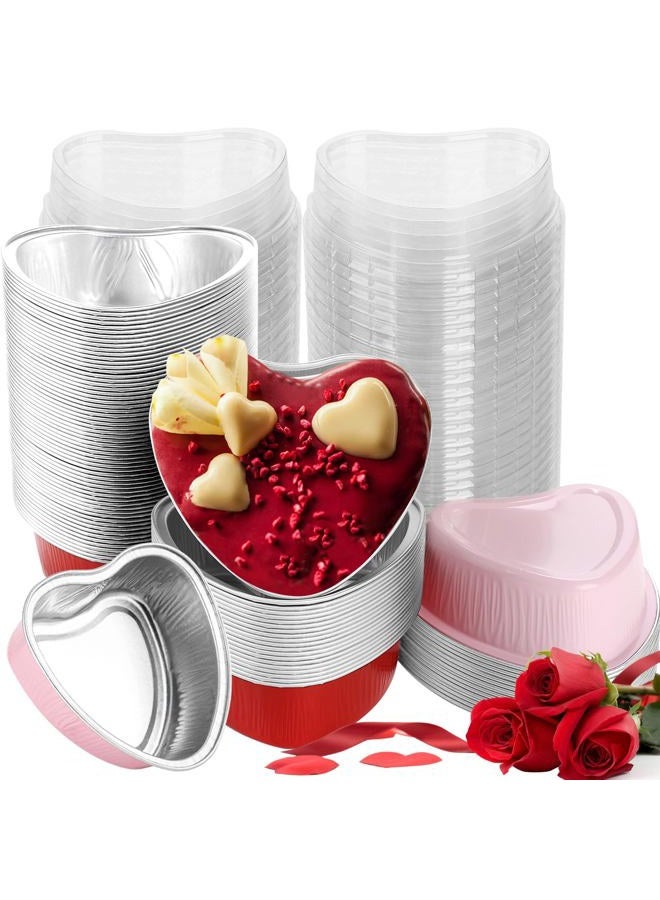 Retainbre 100 Pcs Heart Shaped Cake Pans with Lids Mini Aluminum Foil Heart Cupcake Baking Tins 3.4 Oz Disposable Heart Shaped Containers for Valentine's Day, Mother's Day, Wedding (Red, Pink) - Image 1