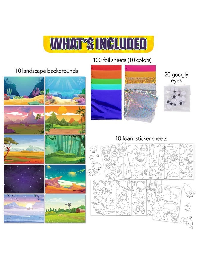 ArtCreativity Foil Art Kit for Kids - 220 Piece Crafts Set - 90 Foil Sheets, 10 Backgrounds, 100 Foam Stickers, 20 Googly Eyes - Mess-Free Foil Fun Art for Kids, Boys and Girls Ages 4, 6, 8, 10, 12 - Image 2