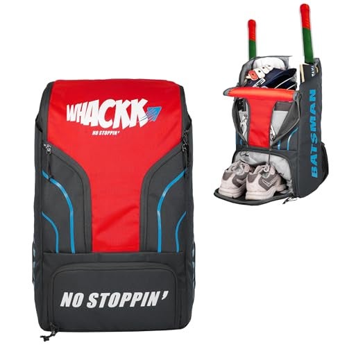 WHACKK Batsman|Cricket|Cricket Kit Bag Backpack |Juniour & Youth Kitbag |Player Edition 2 Bat Pockets Shoe Pocket |Big Main Comp. Fits 15.5 inch Leg Pad|2 Bottle Holders (Grey red) - Image 1