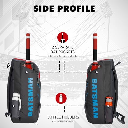 WHACKK Batsman|Cricket|Cricket Kit Bag Backpack |Juniour & Youth Kitbag |Player Edition 2 Bat Pockets Shoe Pocket |Big Main Comp. Fits 15.5 inch Leg Pad|2 Bottle Holders (Grey red) - Image 2