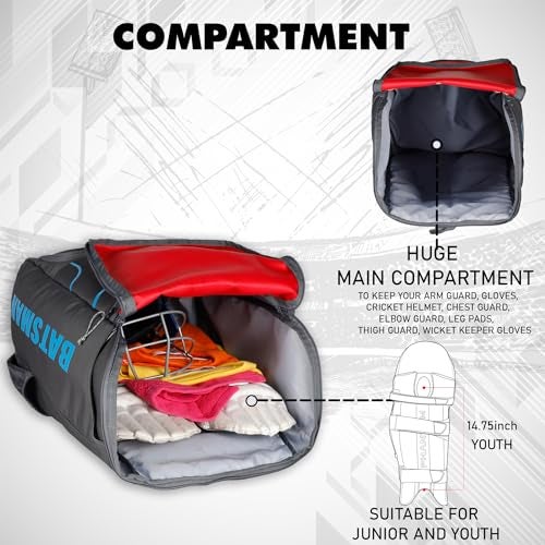 WHACKK Batsman|Cricket|Cricket Kit Bag Backpack |Juniour & Youth Kitbag |Player Edition 2 Bat Pockets Shoe Pocket |Big Main Comp. Fits 15.5 inch Leg Pad|2 Bottle Holders (Grey red) - Image 3