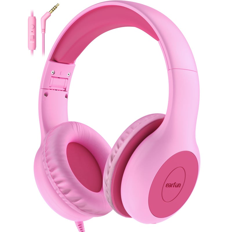 EarFun Kids Headphones Wired with Microphone, 85/94dB Volume Limit Headphones for Kids, Portable Wired Headphone with Shareport, Stereo Sound Foldable Headset for School/Tablet/Kindle Fuscia Pink - Image 1