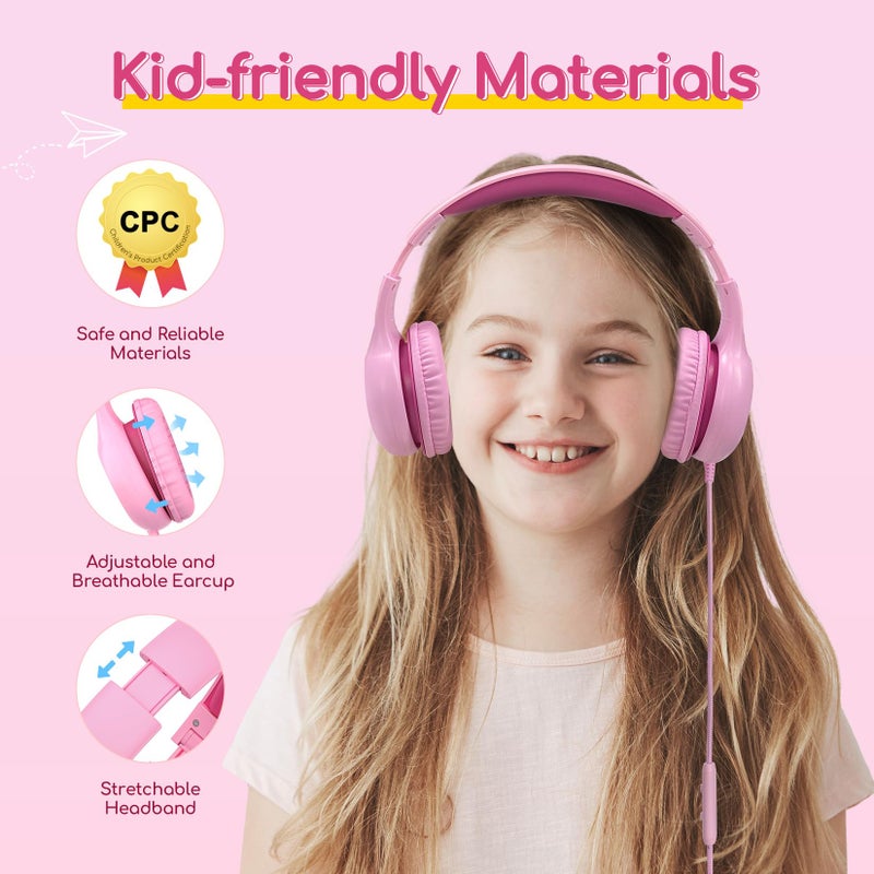 EarFun Kids Headphones Wired with Microphone, 85/94dB Volume Limit Headphones for Kids, Portable Wired Headphone with Shareport, Stereo Sound Foldable Headset for School/Tablet/Kindle Fuscia Pink - Image 4