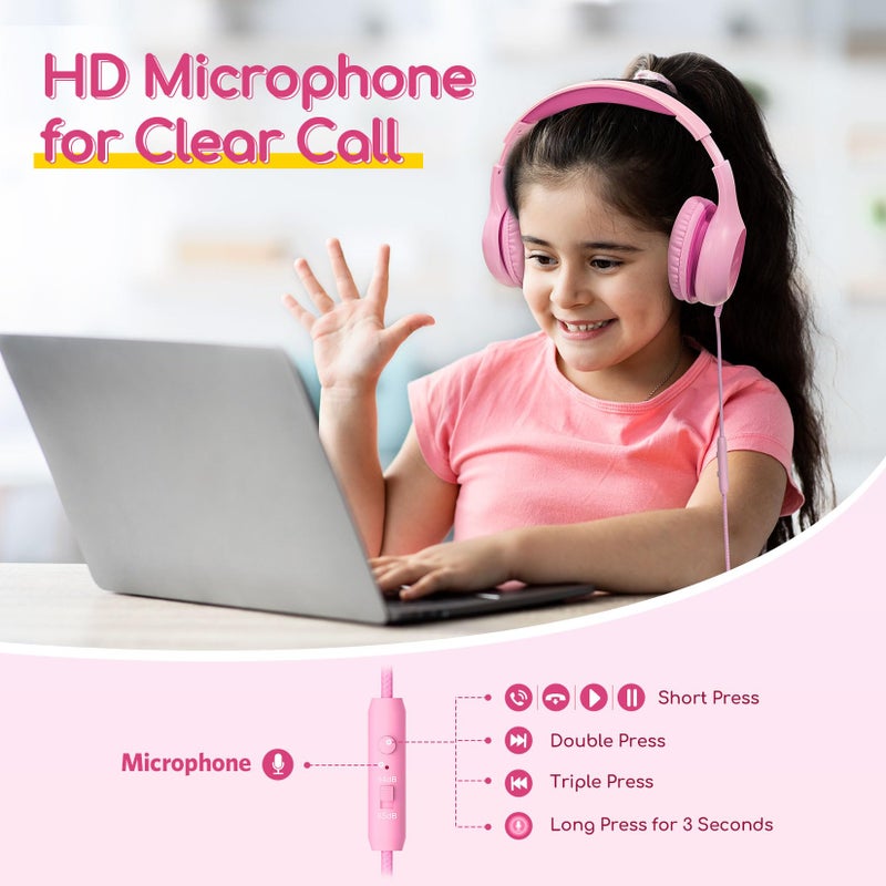 EarFun Kids Headphones Wired with Microphone, 85/94dB Volume Limit Headphones for Kids, Portable Wired Headphone with Shareport, Stereo Sound Foldable Headset for School/Tablet/Kindle Fuscia Pink - Image 2