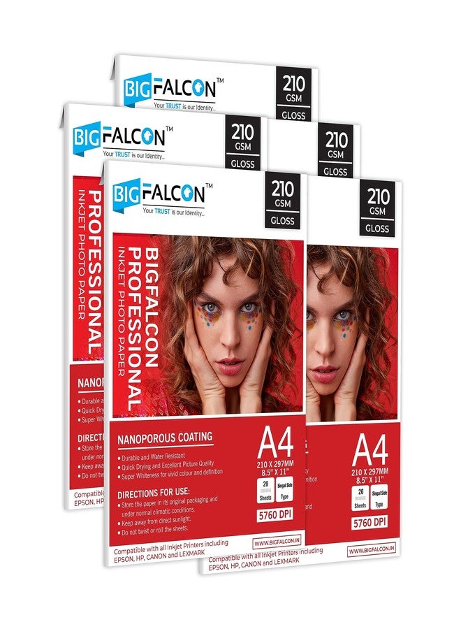 BIGFALCON Professional 210 GSM A4 Size (8.5x11 inch) Glossy Cast Coated Inkjet Photo Paper 100 Sheets for all Inkjet Printer - Image 1