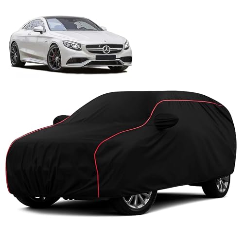 Sulfar 100% Water Resistant Car Body Cover Compatible with Mirror for Mercedes Benz S500 (Triple Stitched, Full Bottom Elastic, Black with Red Piping) - Image 1