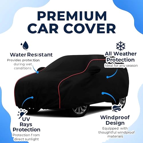 Sulfar 100% Water Resistant Car Body Cover Compatible with Mirror for Mercedes Benz S500 (Triple Stitched, Full Bottom Elastic, Black with Red Piping) - Image 2