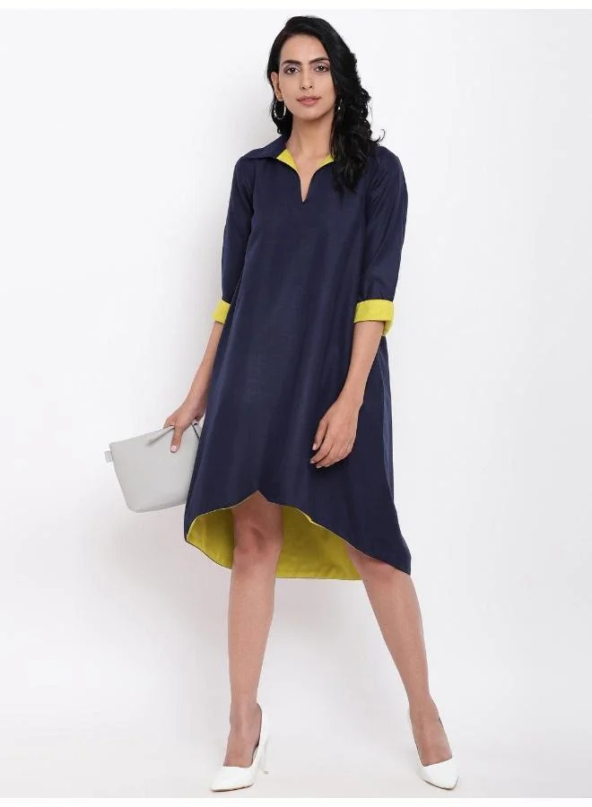 trueBrowns Linen Cotton Blue Collared Dress