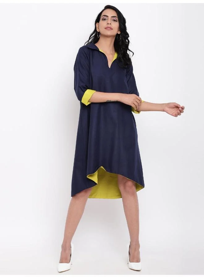 trueBrowns Linen Cotton Blue Collared Dress