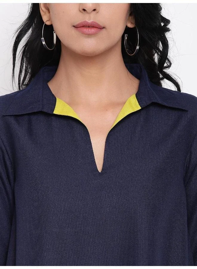 trueBrowns Linen Cotton Blue Collared Dress
