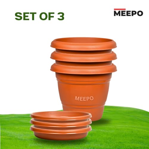 Meepo Brown Planters with Bottom Plates -3 Pcs, Gamla Pots for Home, Plant Containers, Indoor Outdoor Balcony Flower Pots, Drip Tray Pots with Plates (12 Inch, Pack of 3) - Image 3