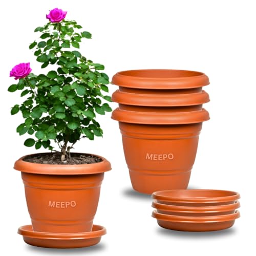 Meepo Brown Planters with Bottom Plates -3 Pcs, Gamla Pots for Home, Plant Containers, Indoor Outdoor Balcony Flower Pots, Drip Tray Pots with Plates (12 Inch, Pack of 3) - Image 1
