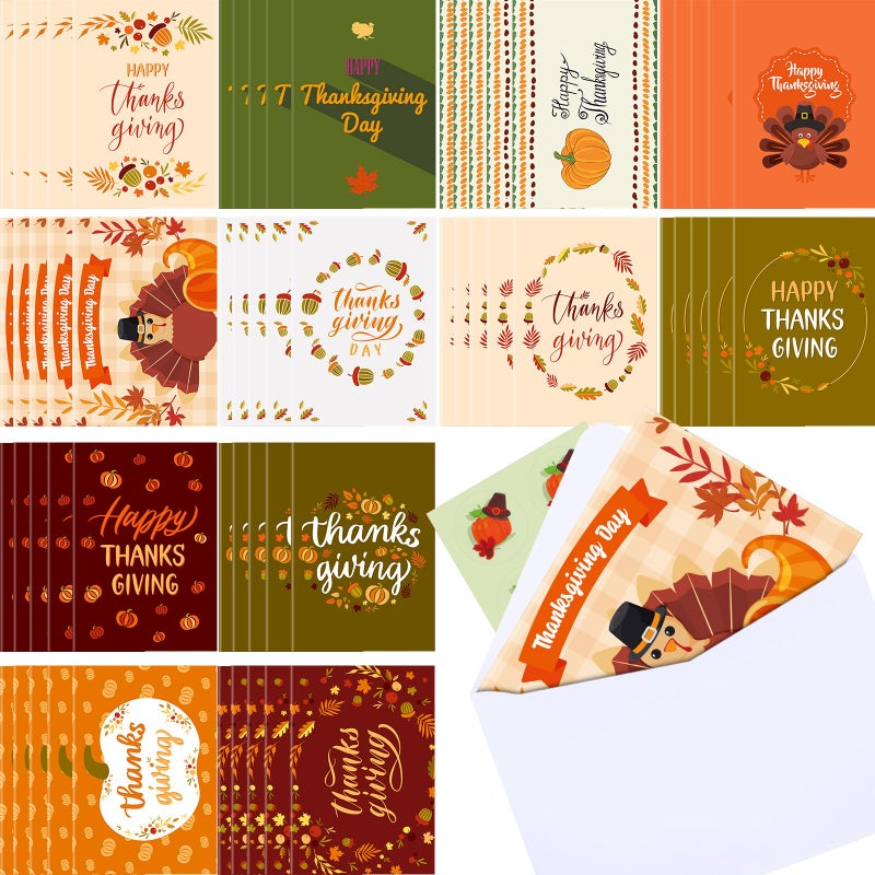 Jetec 240 Pcs Thanksgiving Greeting Cards with Envelopes Bulk Fall Greeting Cards Vintage Turkey Pumpkins Greeting Cards Thank You Cards for Fall Autumn Holiday  Harvest Wedding Dinner - Image 1