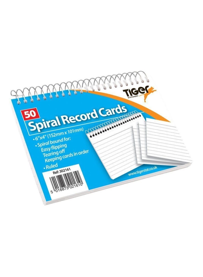 TIGER RECORD CARD WHITE RULED SPIRAL 6X4" 50 SHEETS - Image 1