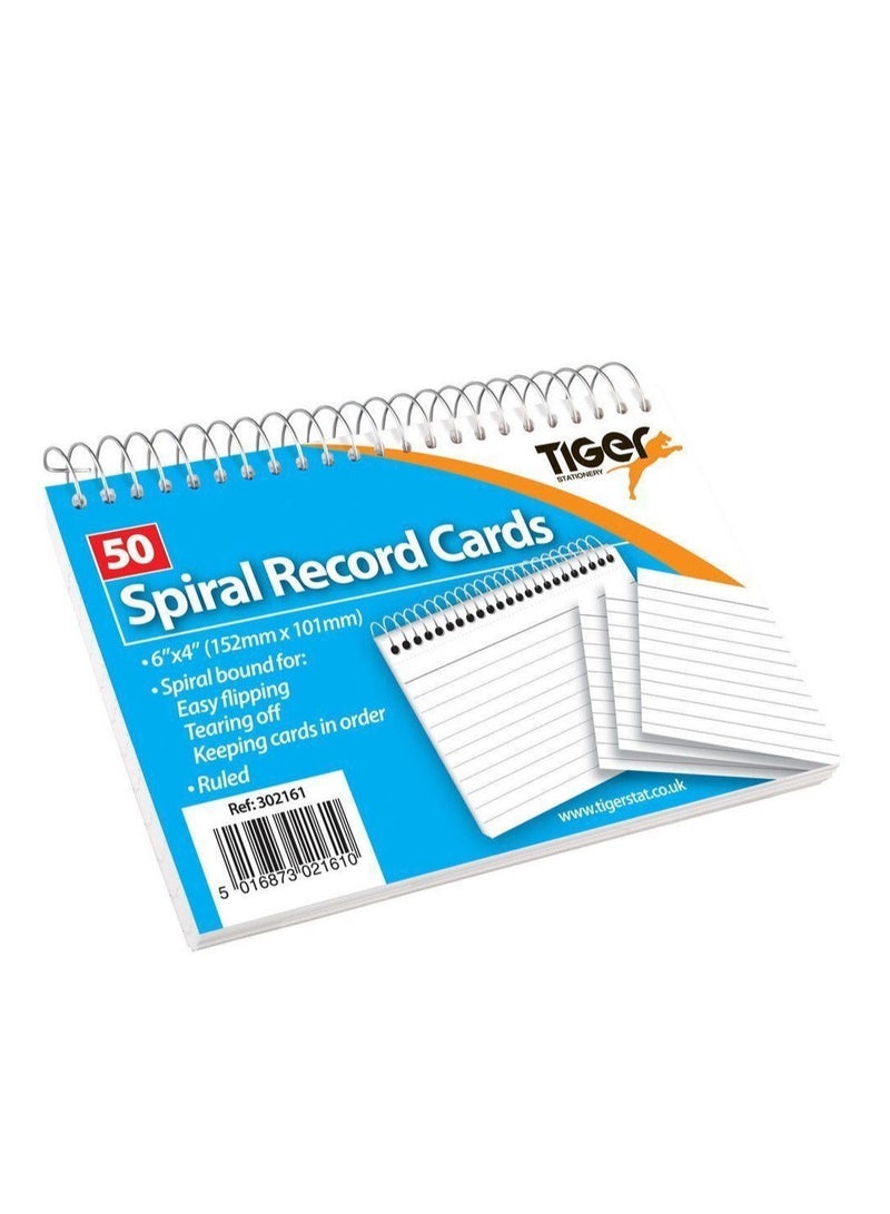 TIGER RECORD CARD WHITE RULED SPIRAL 6X4" 50 SHEETS - Image 2