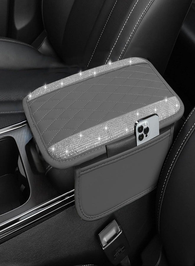 NBTEPEM Bling Gray Car Center Console Cover, Leather Car Arm Rest Cover with 2 Storage Bags, Universal Auto Armrest Protector Storage Box, Bling Accessories Interior for Most Vehicles - Image 1