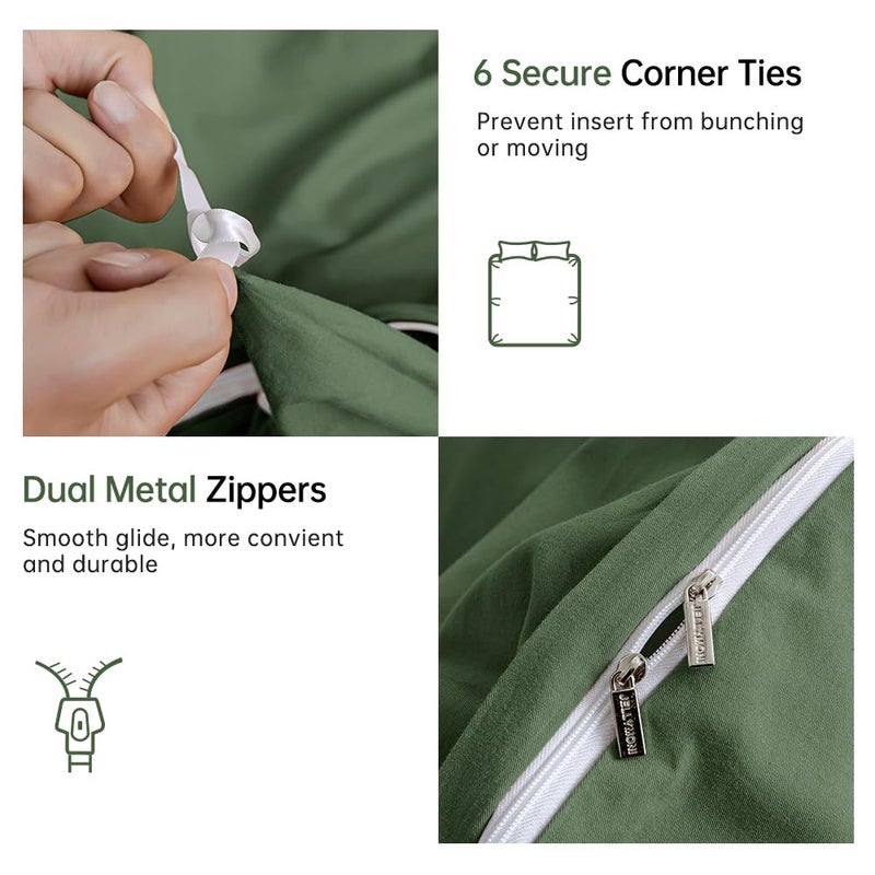 JELLYMONI Green Duvet Cover Queen Size - 100% Washed Cotton Linen Feel Textured Comforter Cover, 3 Pieces Breathable Soft Bedding Set with Zipper Closure (Green, Queen 90"x90") - Image 5