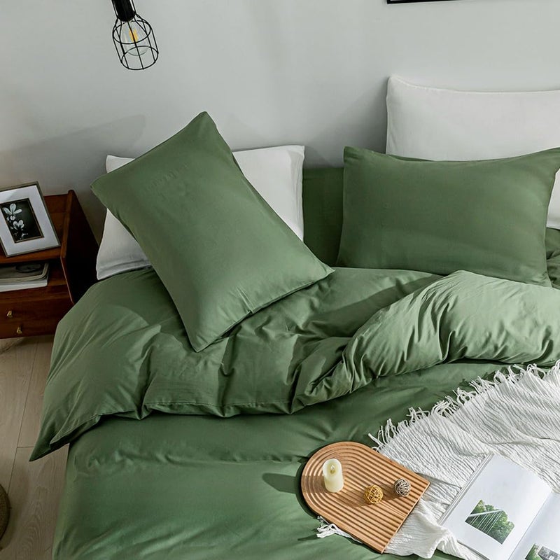 JELLYMONI Green Duvet Cover Queen Size - 100% Washed Cotton Linen Feel Textured Comforter Cover, 3 Pieces Breathable Soft Bedding Set with Zipper Closure (Green, Queen 90"x90") - Image 2
