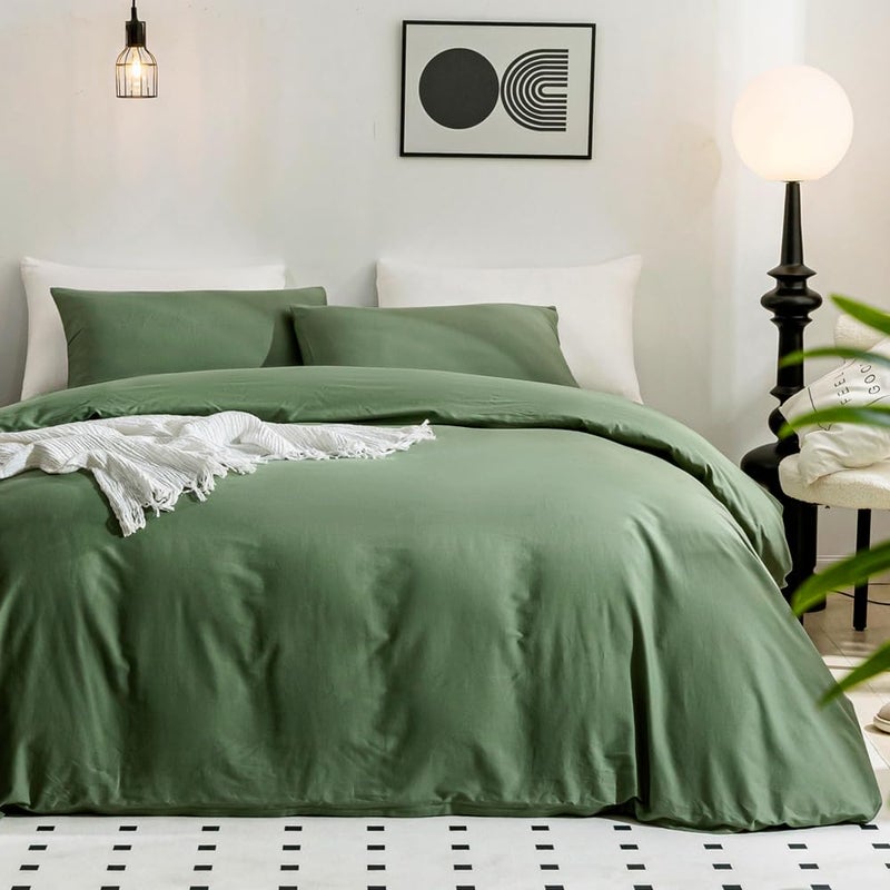 JELLYMONI Green Duvet Cover Queen Size - 100% Washed Cotton Linen Feel Textured Comforter Cover, 3 Pieces Breathable Soft Bedding Set with Zipper Closure (Green, Queen 90"x90") - Image 1