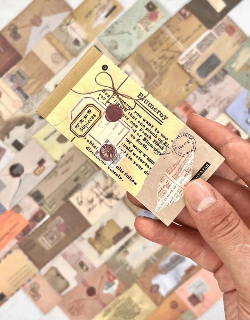 كاغيت جيمي دوكان Vintage Letter and Envelope Patterned 50 Sheets Yellow Notebook Sticker / Bullet Journal / Scrapbook