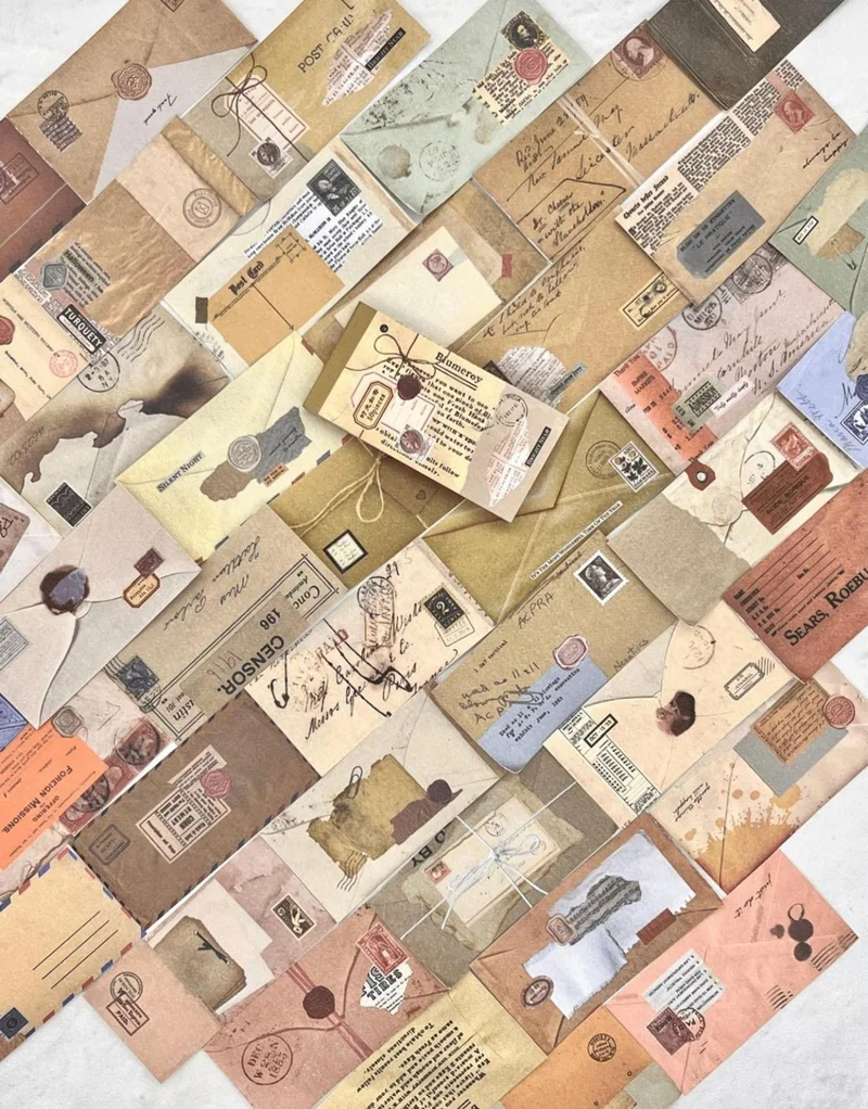 كاغيت جيمي دوكان Vintage Letter and Envelope Patterned 50 Sheets Yellow Notebook Sticker / Bullet Journal / Scrapbook